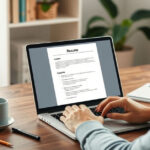 Person working on a laptop at a home desk with coffee, notes, and a resume template on screen make it animation style