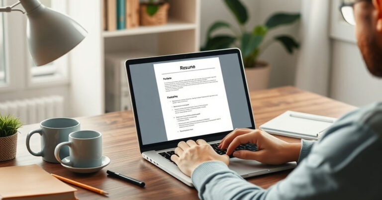 Person working on a laptop at a home desk with coffee, notes, and a resume template on screen make it animation style