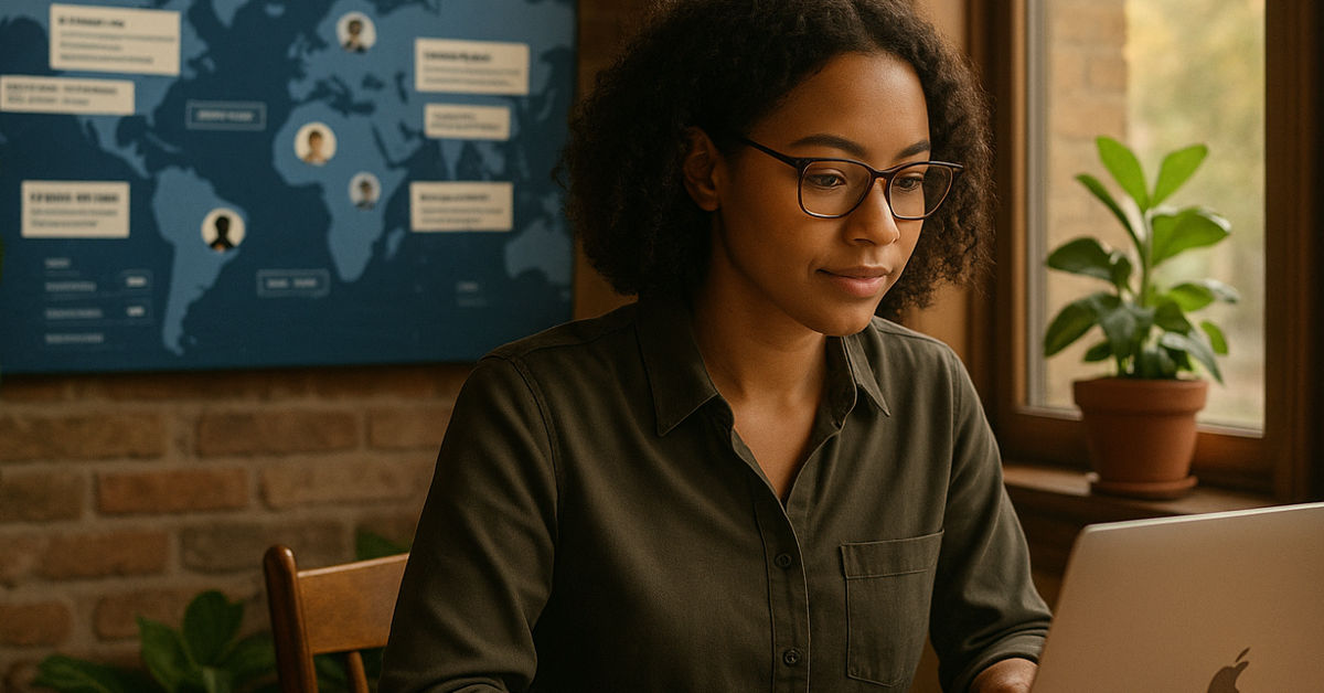 South African freelancer using Upwork on a laptop in a cafe, connecting with global clients remotely.
