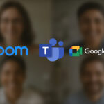 A Side-by-side comparison of Zoom, Microsoft Teams, and Google Meet logos layered over a blurred video call background with diverse participants, representing top video conferencing tools for remote interviews.