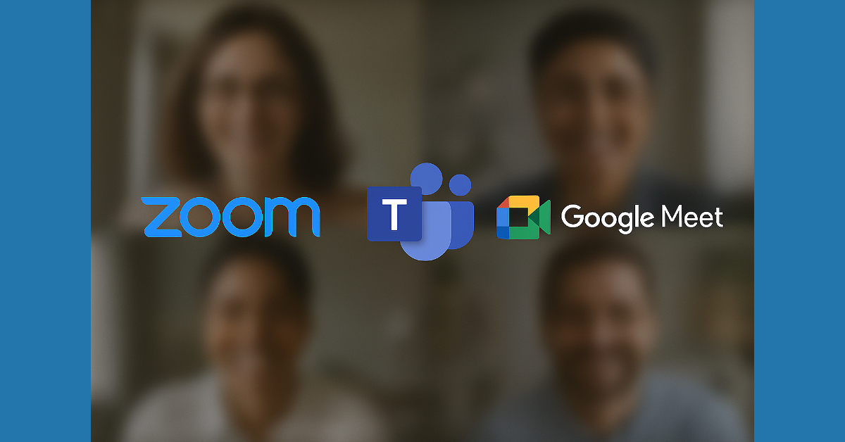 A Side-by-side comparison of Zoom, Microsoft Teams, and Google Meet logos layered over a blurred video call background with diverse participants, representing top video conferencing tools for remote interviews.