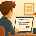 a picture of A young professional working remotely from home office, browsing We Work Remotely on their laptop screen