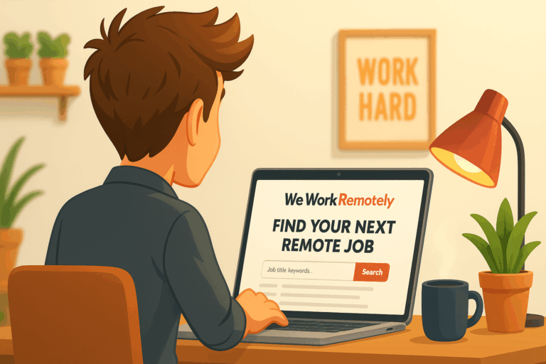 a picture of A young professional working remotely from home office, browsing We Work Remotely on their laptop screen